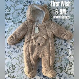 First Wish, 6-9M, Fuzzy Bear Suit, Tan, NEW WITH TAGS